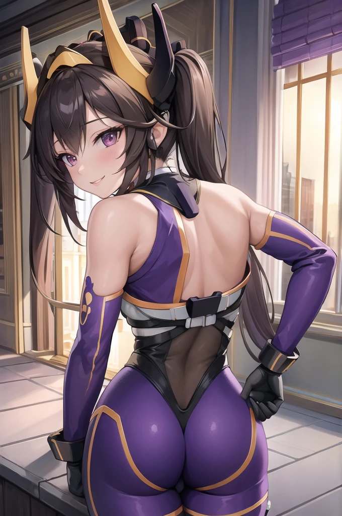 (masterpiece, best quality:1.2), intricate details, ip2, 1girl, headgear, bodysuit, bare shoulders, twintails, elbow gloves, light smile, large breasts, mature female, purple eyes, big ass, looking from behind.