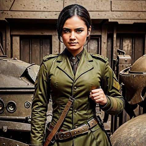 a woman in a steampunk military uniform is ready to fight in a battlefield, surrounded by threatening surreal figures.