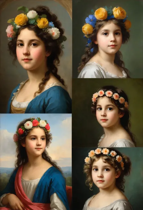 a painting of a young girl with a flower crown on her head, by Élisabeth Vigée Le Brun, by Adélaïde Labille-Guiard, by Charles Le Brun, portrait of a young girl, portrait of a young empress, inspired by Adélaïde Labille-Guiard, portrait young girl