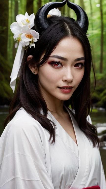 tiefling:1.2, alone, One girl, Small horn, 10 inches tall, Long Hair, whiteの髪, white colored skin, lips,、Fangs protruding from the mouth, Full body, jewelry, kimono, Blurred background, Realistic:1.3, Depth of written boundary, Forest stream, (Perfect body, Beautiful Face, eye shadow, Beautiful red eyes, Detailed face), (sexy, Fascinating), (photoRealistic:1.6), (Mature Adult:1.25) white colored skin (white_skin)