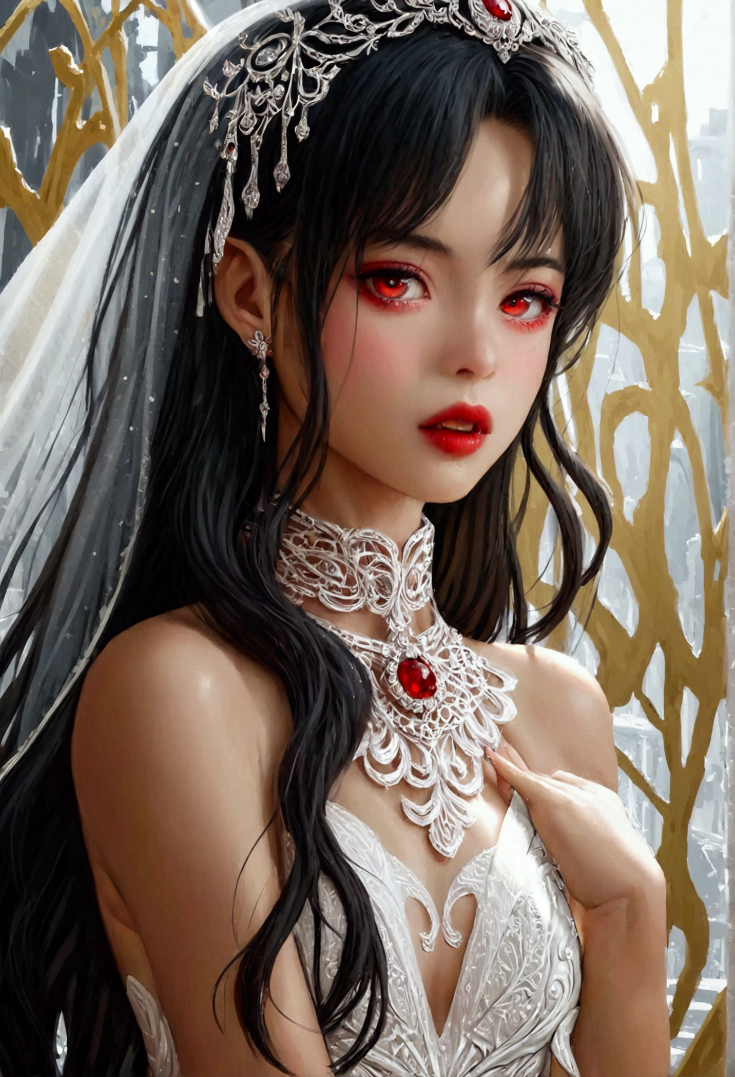 a glamour picture shot, of an elite vampire model, walking on a (dark catwalk: 1.2), an extraordinary glamourous elite female vampire model, ((full body: 1.5)),  ((anatomically correct: 1.5), (ultra detailed face: 1.2), best detailed face, black hair, long hair, lush hair, glam hair cut, red eyes, delicate face, light make up, wearing intricate white detailed dress, glamour dress, haute couture dress, elite fashion dress, white dress, decorated with diamonds,  small cleavage, wearing high heels, elegant high heels, she wears diamond necklace, elite fashion show background, vibrant, Hyperrealism style, vibrant, Ultra-high resolution, High Contrast, (masterpiece:1.5), highest quality, Best aesthetics), best details, best quality, highres, ultra wide angle, 16k, [ultra detailed], masterpiece, best quality, (extremely detailed) RAW, chumbasket art style, rpg portrait, photograph, BloodSoakedAI, vampire teeth