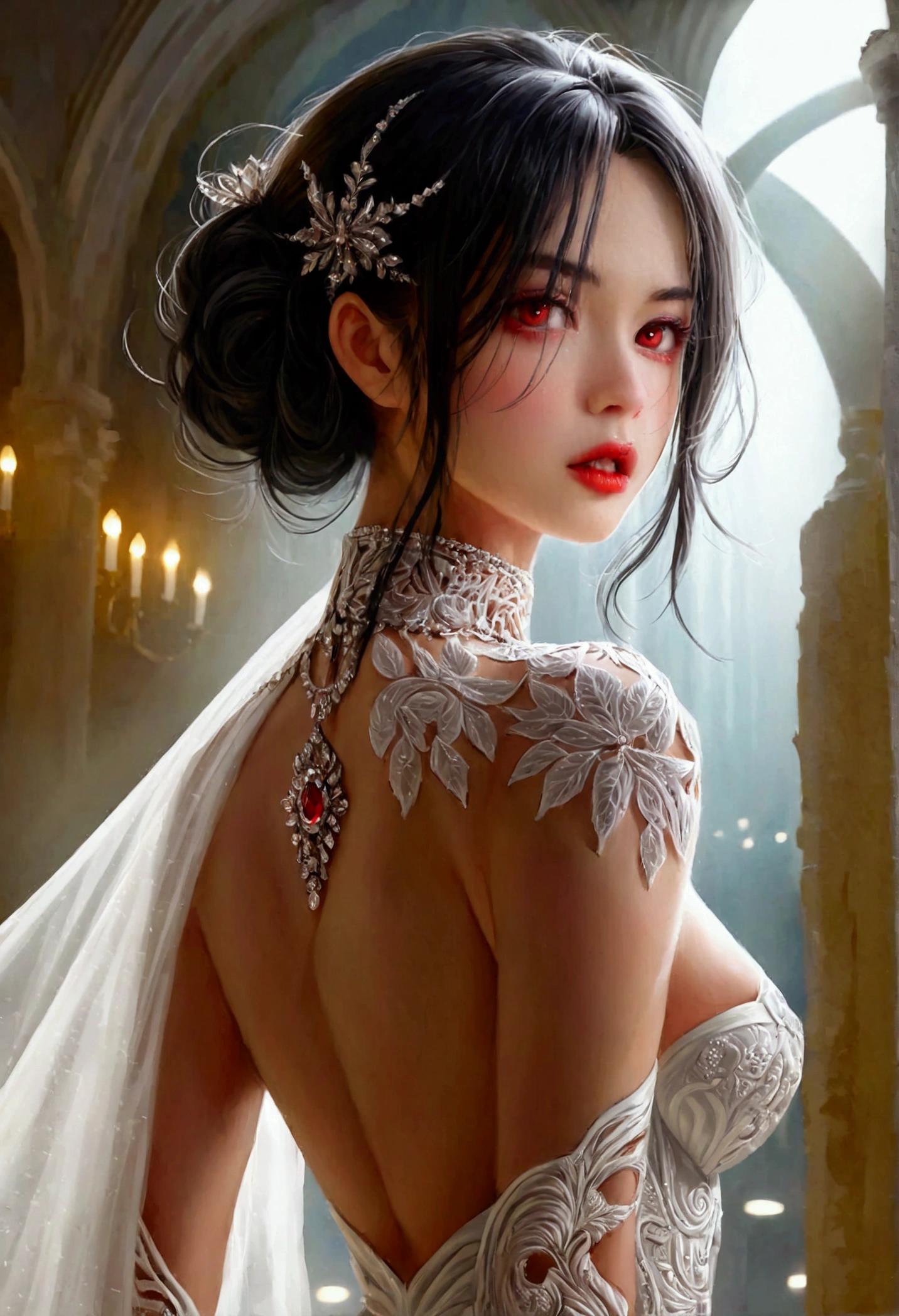 a glamour picture shot, of an elite vampire model, walking on a (dark catwalk: 1.2), an extraordinary glamourous elite female vampire model, ((full body: 1.5)),  ((anatomically correct: 1.5), (ultra detailed face: 1.2), best detailed face, black hair, long hair, lush hair, glam hair cut, red eyes, delicate face, light make up, wearing intricate white detailed dress, glamour dress, haute couture dress, elite fashion dress, white dress, decorated with diamonds,  small cleavage, wearing high heels, elegant high heels, she wears diamond necklace, elite fashion show background, vibrant, Hyperrealism style, vibrant, Ultra-high resolution, High Contrast, (masterpiece:1.5), highest quality, Best aesthetics), best details, best quality, highres, ultra wide angle, 16k, [ultra detailed], masterpiece, best quality, (extremely detailed) RAW, chumbasket art style, rpg portrait, photograph, BloodSoakedAI, vampire teeth