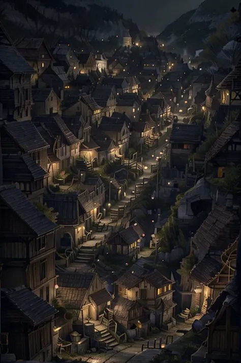 night, slums, road on a small street, there are lights on in some windows, lantern on the right, direct perspective,  brown-red-...