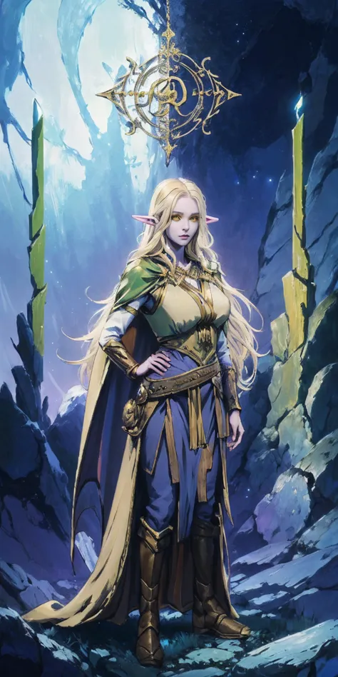 masterpiece, best quality, high quality, elf, long hair, pale hair, yellow eyes, purple skin, deep blue cape with golden ornamen...