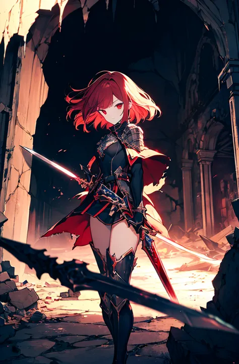 4k,hight resolution,one woman,bright red hair,longhaire,red eyes,knights,white sacred armor,jewel decorations,big sword,medieval...