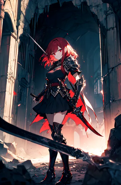 4k,hight resolution,one woman,bright red hair,longhaire,red eyes,knights,white sacred armor,jewel decorations,big sword,medieval...