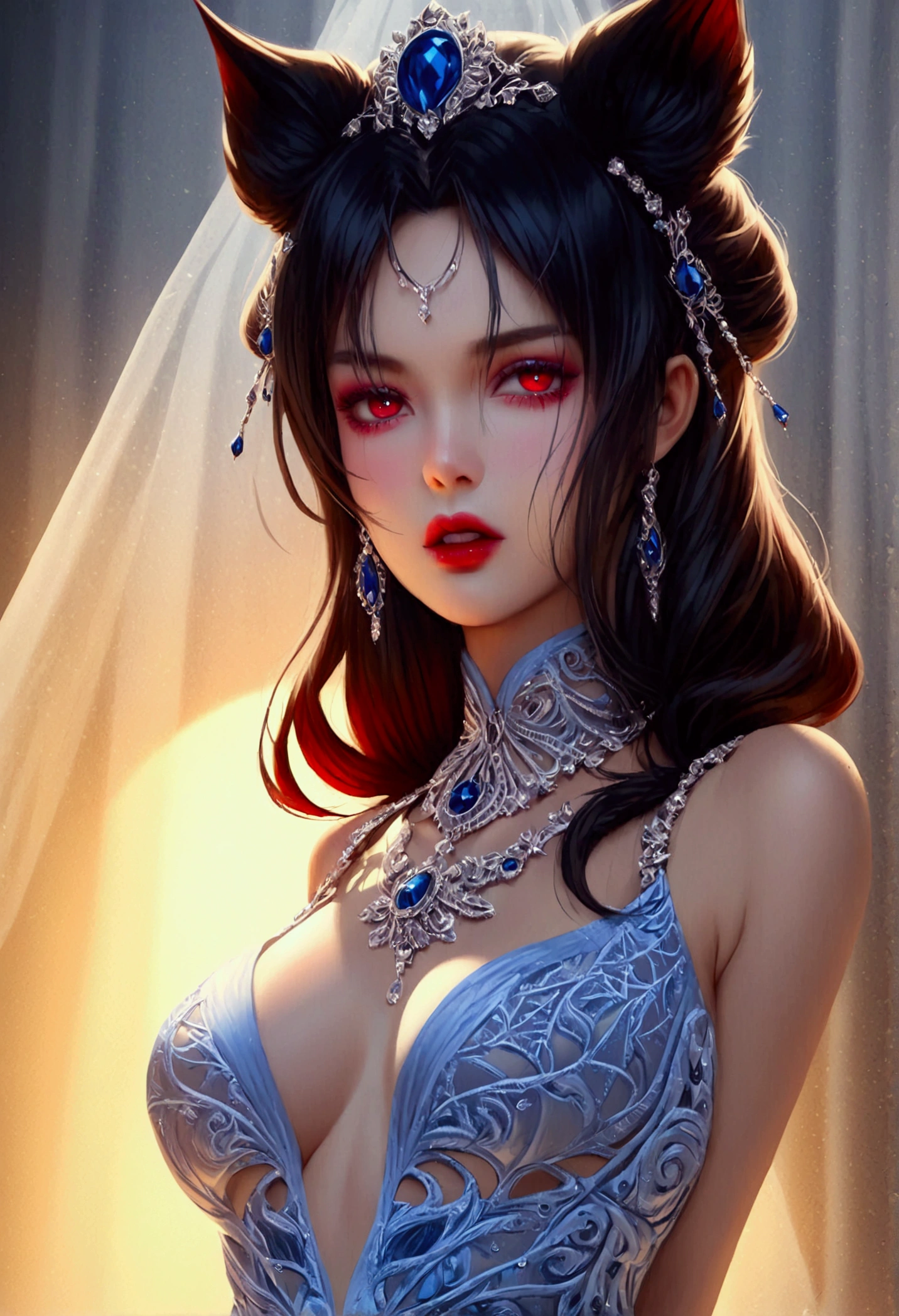 a glamour picture shot, of an elite vampire model, walking on a (dark catwalk: 1.2), an extraordinary glamourous elite female vampire model, ((full body: 1.5)),  ((anatomically correct: 1.5), (ultra detailed face: 1.2), best detailed face, black hair, long hair, lush hair, glam hair cut, red eyes, delicate face, light make up, wearing intricate blue detailed dress, glamour dress, haute couture dress, elite fashion dress, white dress, decorated with diamonds,  small cleavage, wearing high heels, elegant high heels, she wears diamond necklace, elite fashion show background, vibrant, Hyperrealism style, vibrant, Ultra-high resolution, High Contrast, (masterpiece:1.5), highest quality, Best aesthetics), best details, best quality, highres, ultra wide angle, 16k, [ultra detailed], masterpiece, best quality, (extremely detailed) RAW, chumbasket art style, rpg portrait, photograph, BloodSoakedAI, vampire teeth