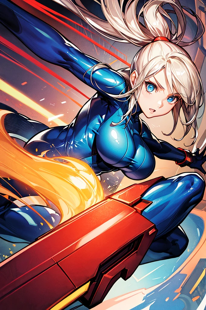 thick outlines, comics, photorealistic, 1girl, solo, dynamic pose, samus, zero suit, blue eyes, ponytail, holding gun with both hands,  inside of a spaceship, futuristic, detailed background, detailed face, detailed eyes, action pose