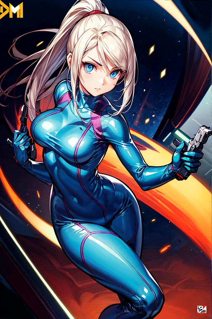 thick outlines, comics, photorealistic, 1girl, solo, dynamic pose, samus, zero suit, blue eyes, ponytail, holding gun with both hands,  inside of a spaceship, futuristic, detailed background, detailed face, detailed eyes, action pose