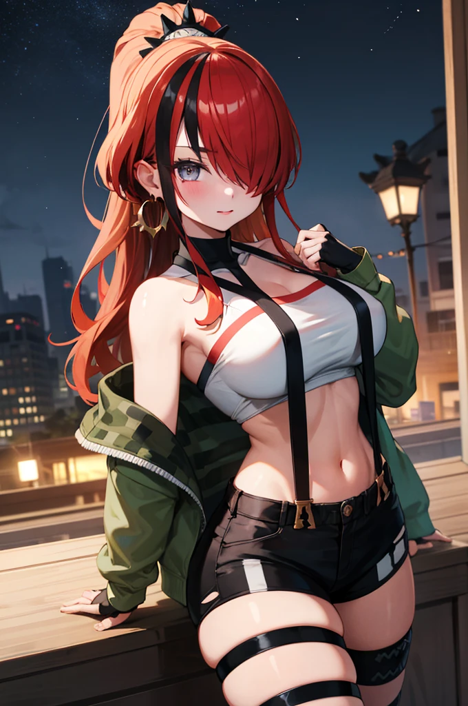 masterpiece, best quality, highres, hmlain, long hair, , ponytail, streaked hair, hair over one eye,, , hair over one eye, earrings, ,indoor,night view,looking viewer,, tube top, pouch, off shoulder, green jacket, open jacket, long sleeves, fingerless gloves, midriff, suspender shorts, black shorts, thigh strap, black thighhighs,big breasts