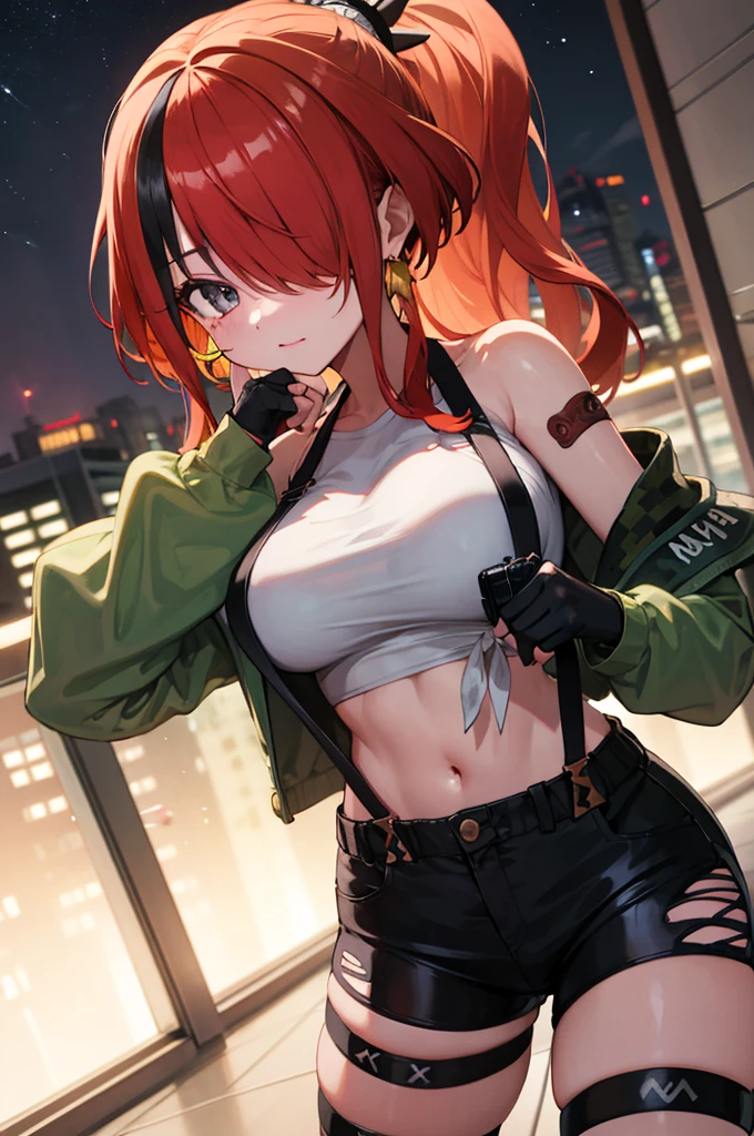 masterpiece, best quality, highres, hmlain, long hair, , ponytail, streaked hair, hair over one eye,, , hair over one eye, earrings, ,indoor,night view,looking viewer,, tube top, pouch, off shoulder, green jacket, open jacket, long sleeves, fingerless gloves, midriff, suspender shorts, black shorts, thigh strap, black thighhighs,big breasts