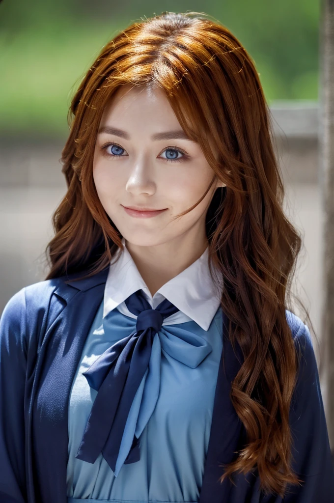 k1m10 with curly auburn hair and blue eyes, smirking, wearing a high-collared royal blue ao dai