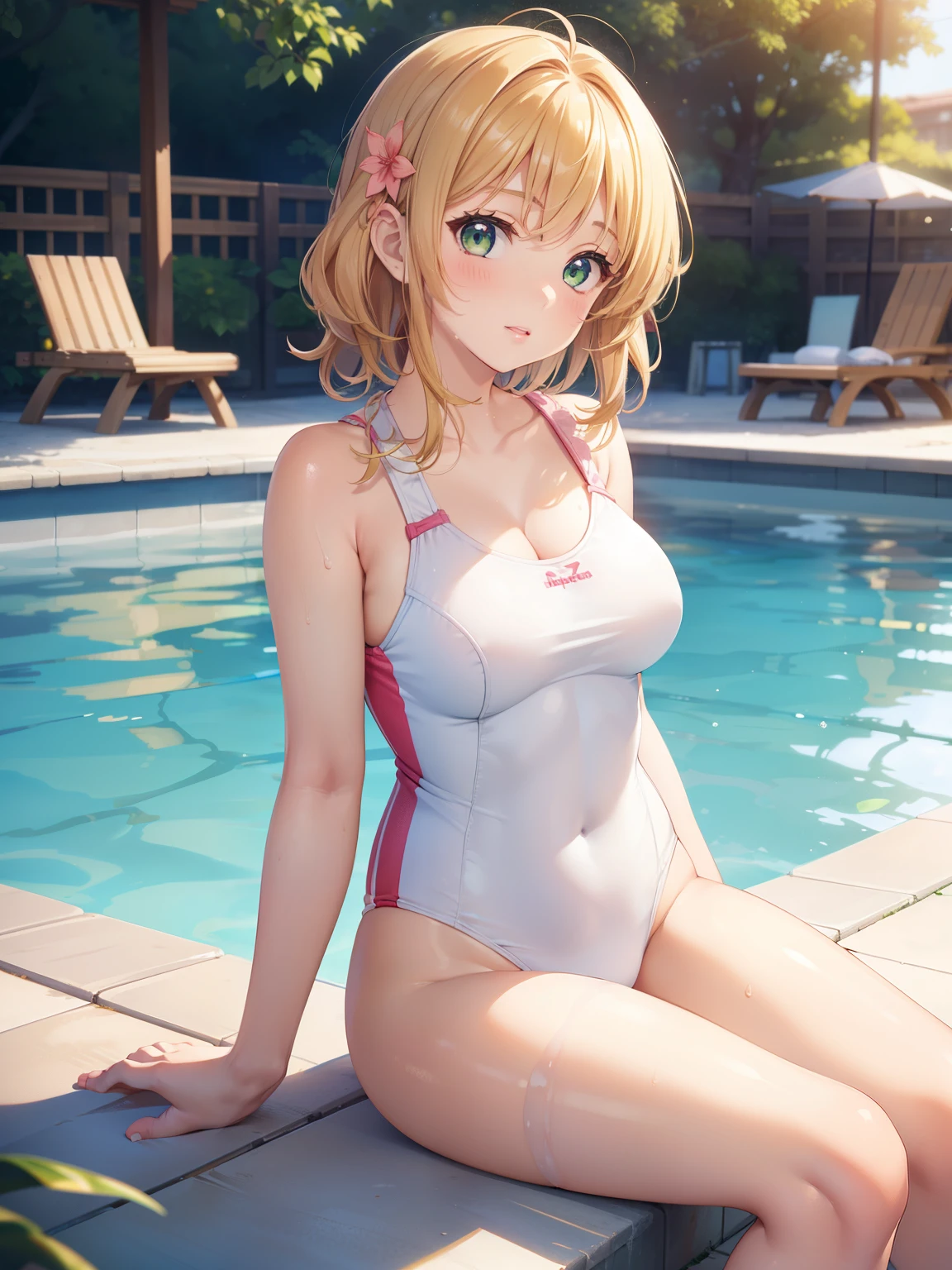 1girl, natural lighting, masterpiece, highly detailed, illustration, game CG, absurdres, high quality, kinomoto sakura, (18 year old girl), (medium breasts), beautiful detailed eyes, glossy lips, natural lighting, short fluffy blonde hair, messy hair, green eyes, sitting, pool edge, one-puece swimsuit