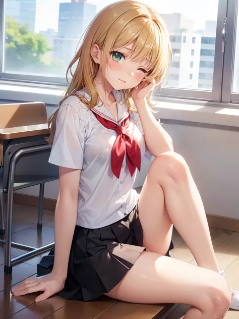 1girl, natural lighting, masterpiece, highly detailed, illustration, game CG, absurdres, high quality, kinomoto sakura, (18 year old girl), (medium breasts), beautiful detailed eyes, glossy lips, natural lighting, short fluffy blonde hair, messy hair, green eyes, school shirt, pleated miniskirt, sitting, (leaning back), (one eye closed, tears in her eyes), (legs parted), lace panties, classroom, (sitting on floor, fallen)