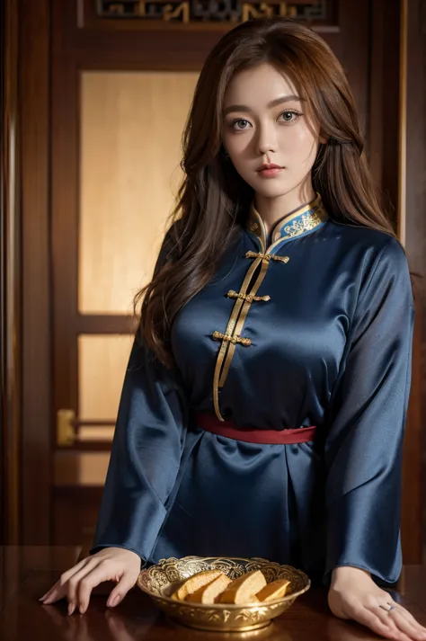 k1m10 with curly auburn hair and blue eyes, smirking, wearing a high-collared royal blue cheongsam with gold edging, masterpiece...