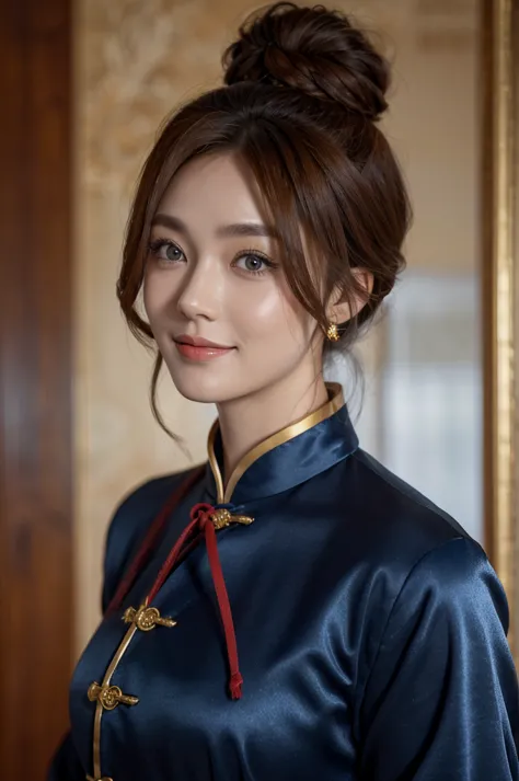 k1m10 with curly auburn hair and blue eyes, smiling, wearing a high-collared royal blue cheongsam with gold edging, masterpiece,...