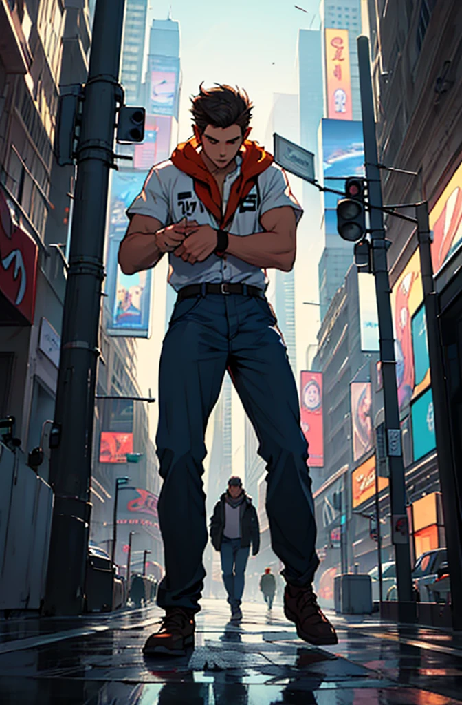 mais alta qualidade, 8K, imagem em alta resolução, Traços detalhados, no meio de uma movimentada avenida estilo Times Square, inverno, encostado em um dos postes, adolescente, homens leões, vestindo uma camisa , macho, peito um pouco apertado na camisa , (Ângulo de baixo), (perto das câmaras definidas, braços definidos, abdômen definido, com a camisa,