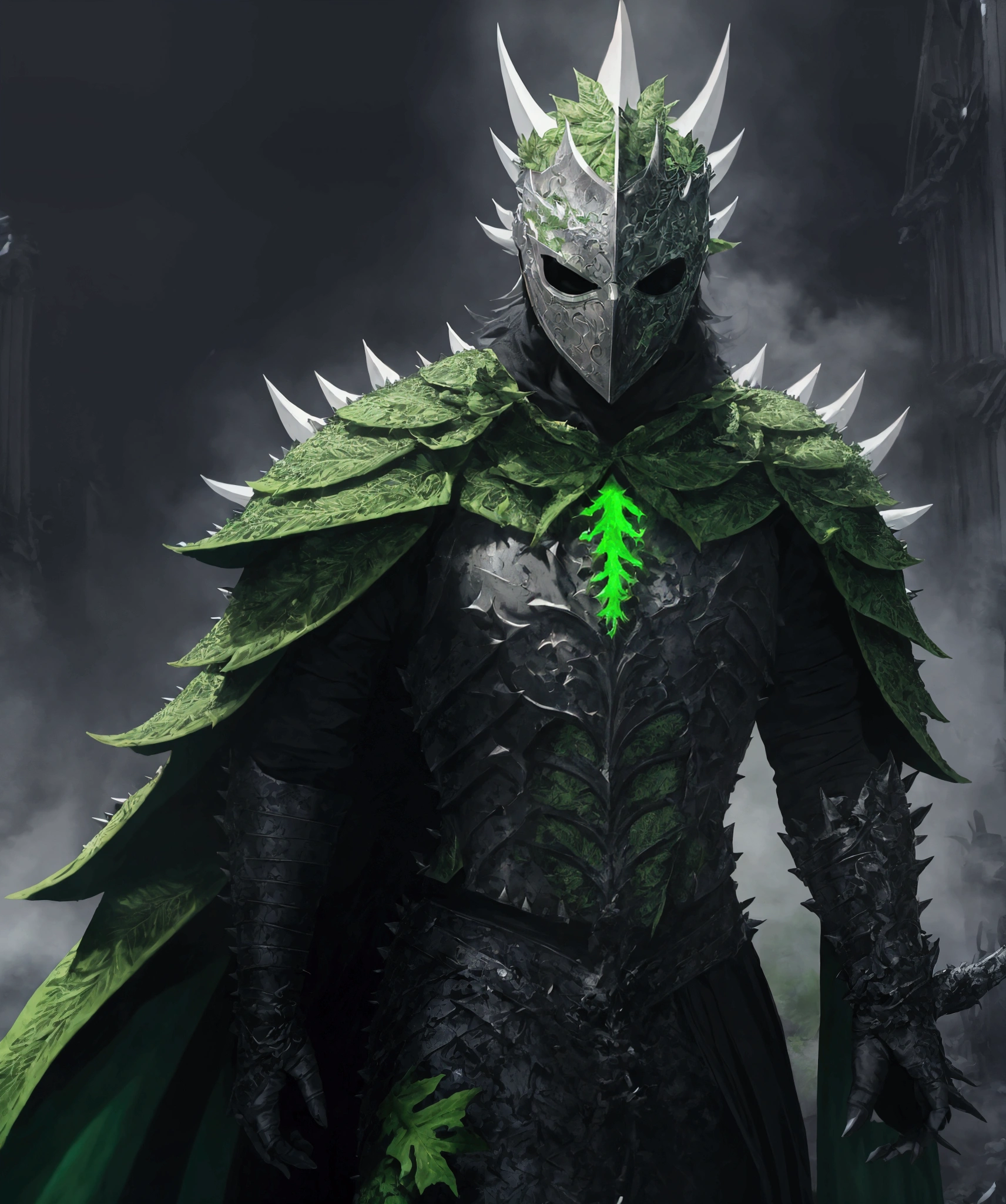 (extremely detailed 8k wallpaper), a medium shot photo of  Grim dressed as a scary masked leafy white and green leafy-supervillain in a leafy white and green spiked armour made of leafs glowing armour with spikes from marvel, theme, intricate, high detail, dramatic, destroyed buildings and blue smoke in the background