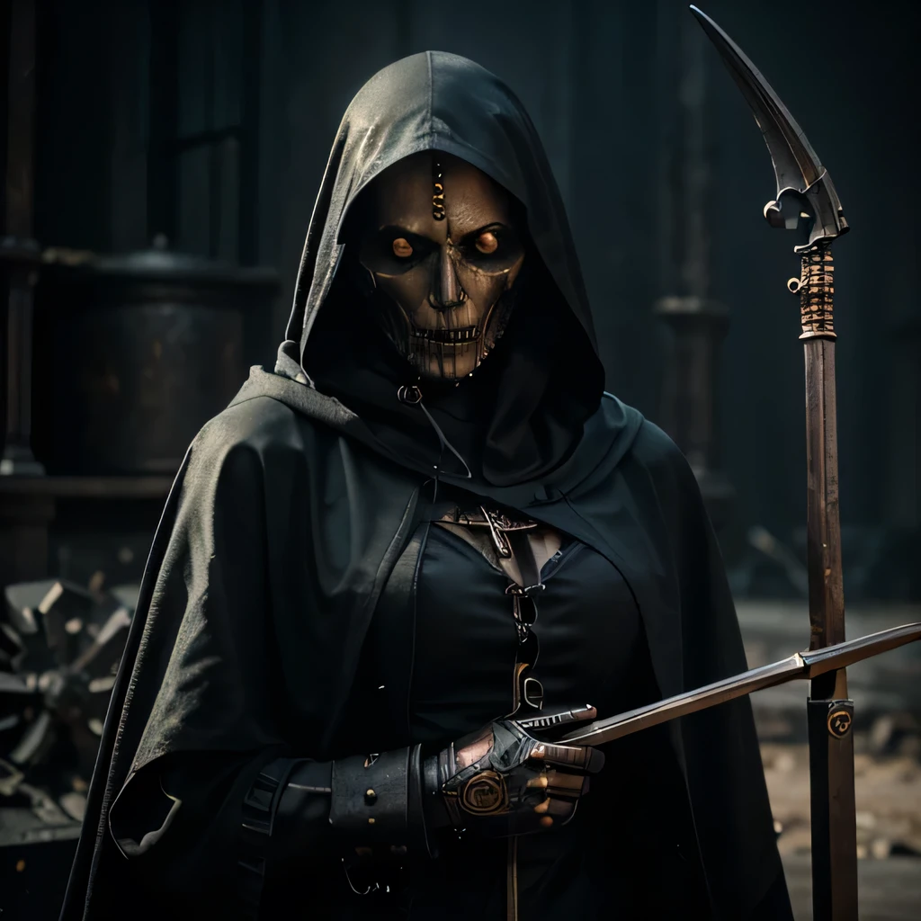 female grim reaper, with skeletal features, holding scythe, open long black hooded cloak, steampunk style, best quality, 4k, super detailed, photorealistic, intricate details, dramatic lighting, dark moody atmosphere, grungy textures, mechanical elements, brass and copper accents, gothic architecture, dramatic poses, mysterious expression