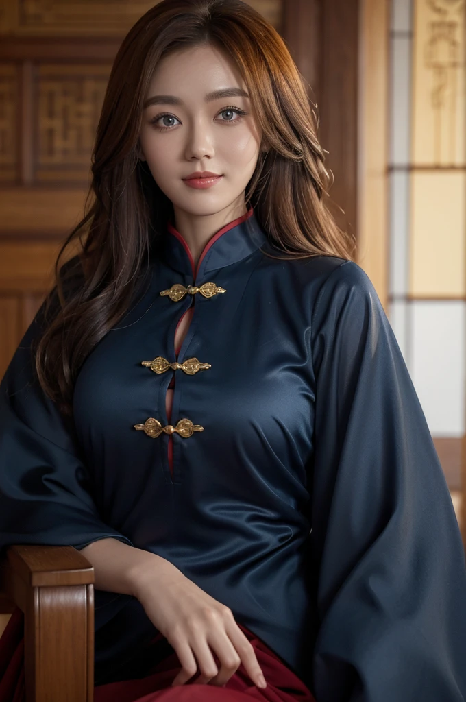 k1m10 with curly auburn hair and blue eyes, smiling, wearing a high-collared royal blue cheongsam with gold edging, masterpiece, fantasy portrait, high quality photograph