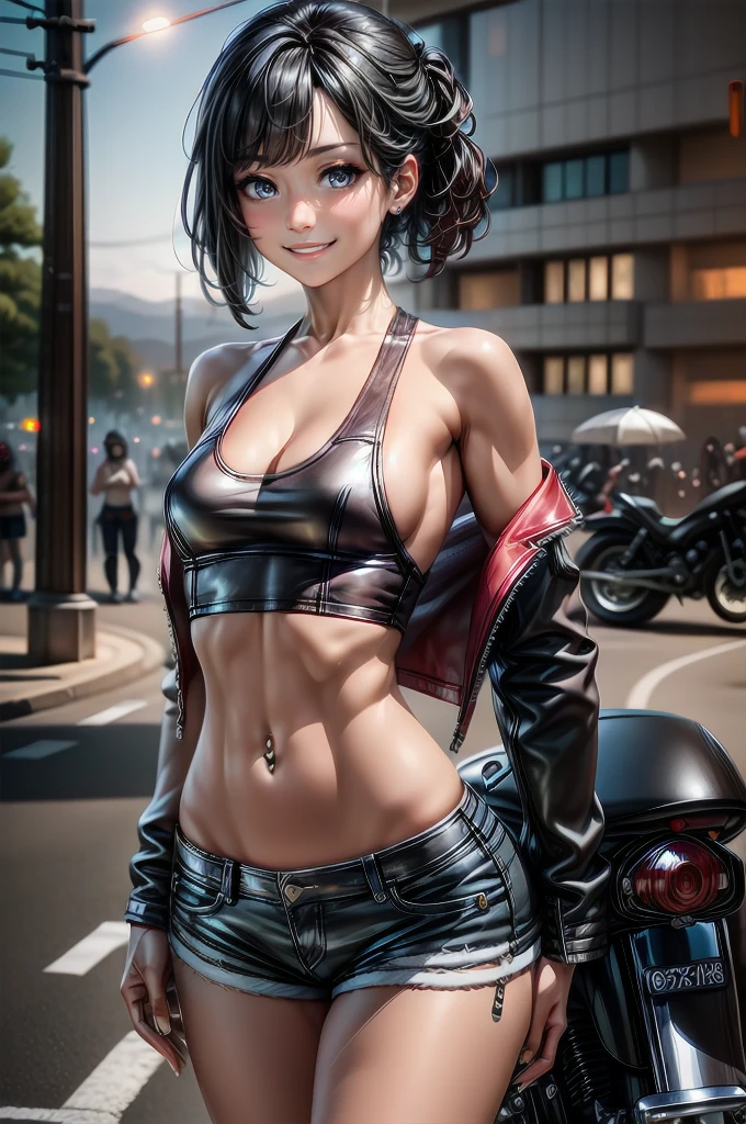 (cowboy shot), (Perfect Anatomy, top-quality, The ultra -The high-definition, high resolution, extremely detailed CG, 8K Unit Wallpapers), 2 lady, solo, beautiful detailed eyes, black hair, short bob hair, blunt bang, (small breasts, statuesque slender body, athletic), gleaming skin, oily skin, (punk fashion, leather jacket, Tank top, micro shorts), (drive a motorcycle,Harley-Davidson), on road, Tokyo, at night