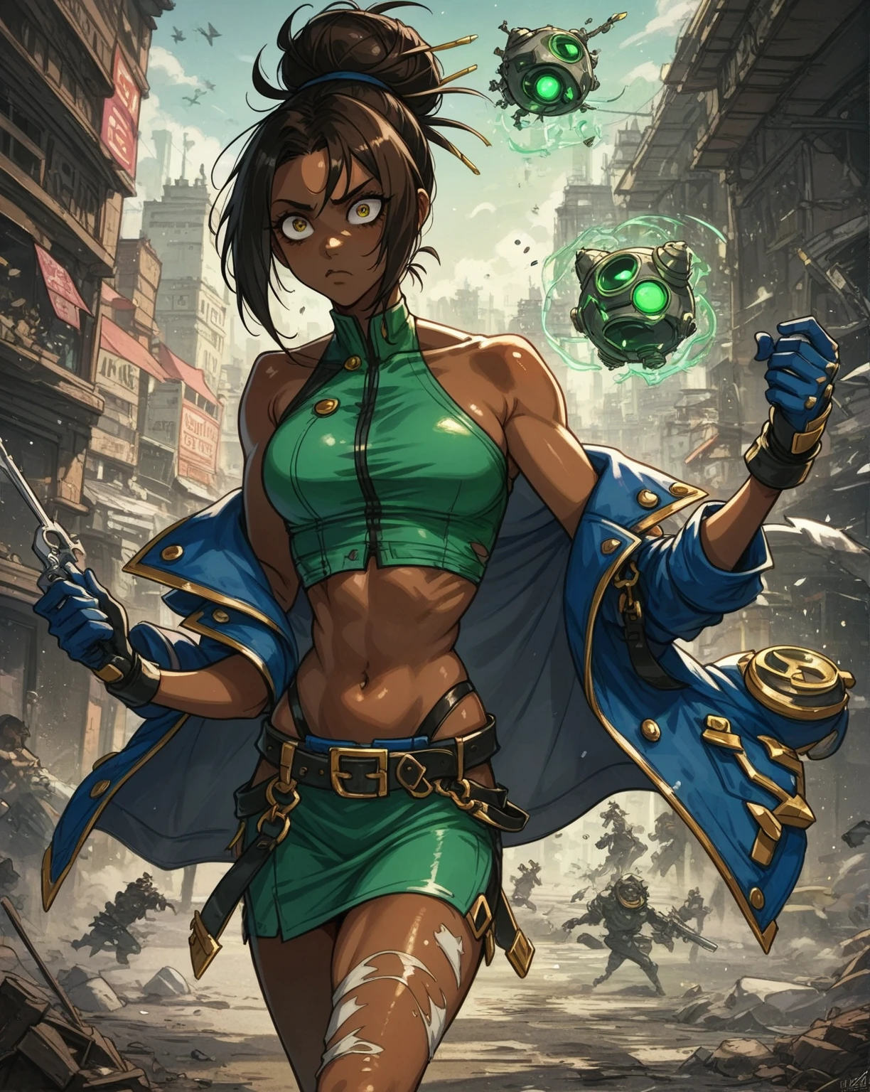 "The girl of Shangri-la", (, a Dark-skinned female with Reddish-brown skin, a prominent convex nose, black sharp round eyes, Dark blackish-brown hair in a dusty, messy bun, a green and blue halter top, blackish and slightly torn dress skirt adorned with a belt of the same color over some strained and ripped tights; cobalt blue gloves and the coat she acquired from a fallen opponent foot soldier): Dark protagonists, wanted Rebel, futuristic, magic city, city-wide celebration, carrying dual light shotel swords), : (Style of BlazBlue ), 8k, high res, high-detailed art, detailed mixed media layering, uHd, Cryengine5, fighting game, key visual 