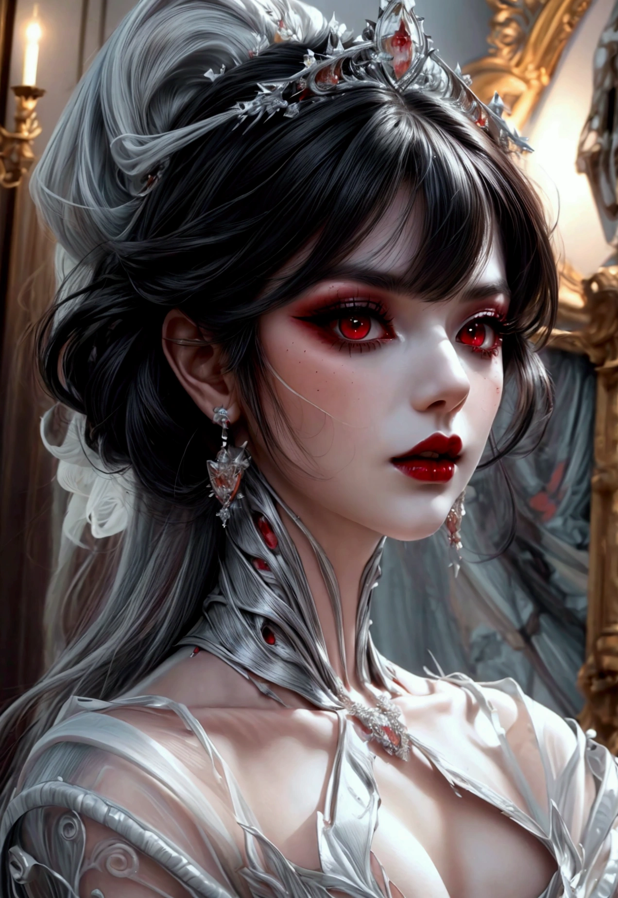 une photo glamour, d&#39;un modèle de vampire d&#39;élite, marcher sur un (passerelle sombre: 1.2), un modèle de vampire féminin d&#39;élite glamour extraordinaire, ((tout le corps: 1.5)),  ((Anatomiquement correct: 1.5), (ultra détaillé face: 1.2), meilleur visage détaillé, cheveux noirs, cheveux longs, cheveux luxuriants, coupe de cheveux glamour, les yeux rouges, Visage délicat, maquillage léger, porter une robe blanche détaillée et complexe, robe glamour, robe haute couture, robe de mode d&#39;élite, Robe blanche, décoré de diamants,  petit décolleté, Porter des talons hauts, talons hauts élégants, elle porte un collier de diamants, fond de défilé de mode élite, vibrant, Style hyperréaliste, vibrant, Ultra haute résolution, Contraste élevé, (chef-d&#39;œuvre:1.5), la plus haute qualité, Meilleure esthétique), meilleurs détails, Meilleure qualité, haute résolution, ultra grand angle, 16k, [ultra détaillé], chef-d&#39;œuvre, Meilleure qualité, (extrêmement détaillé) BRUT, Réaliste, portant d2c, portant d2d, modèle715, veines démoniaques