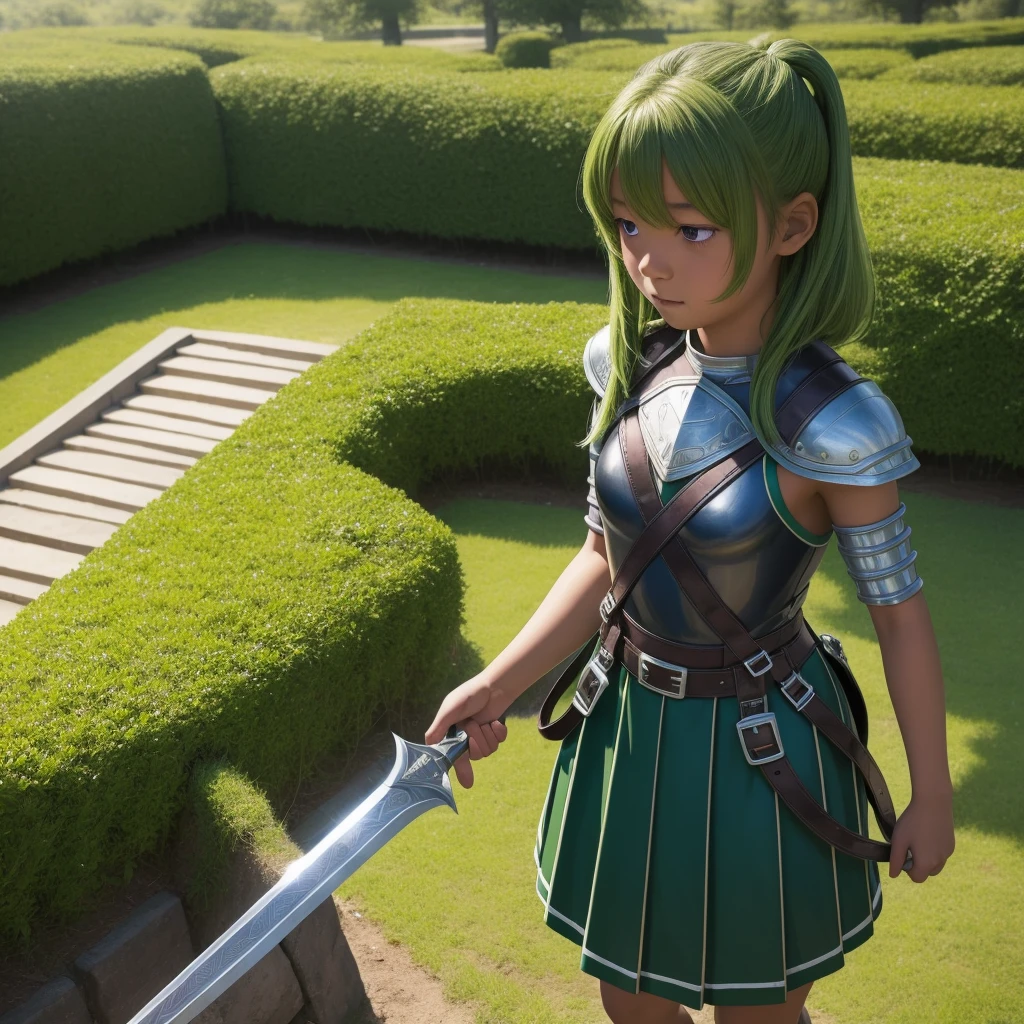 最high quality、high quality、10 years old、Girl Adventurer、Climb the maze stairs、Leather Armor、Long skirt、Equipped with a dagger and a shield、Green Hair