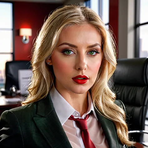 sensual businesswoman, blonde hair, green eyes, red lips, sucking big cock, office setting, photorealistic, cinematic lighting,d...