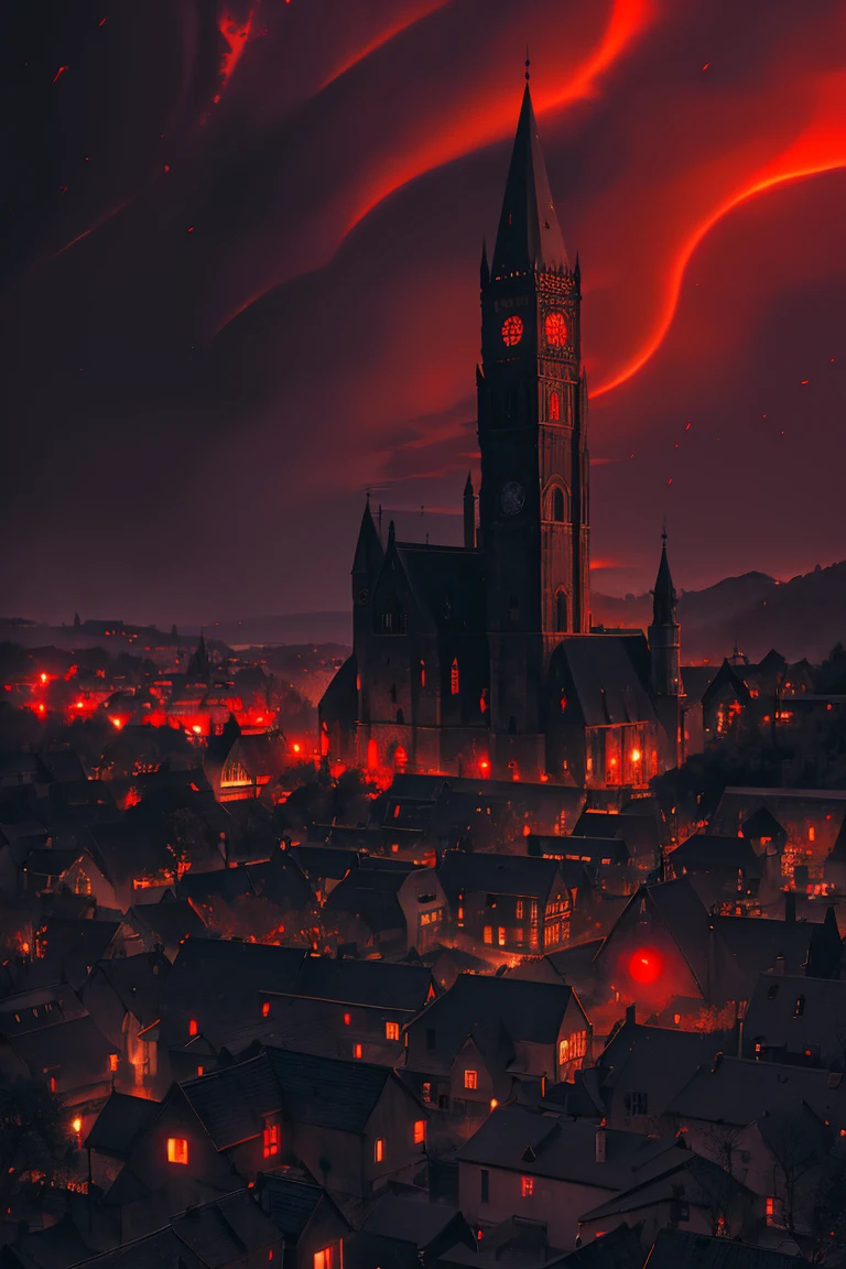 old European village shot with bird view, (Red glowing eyes), masterpiece, Depth of written boundary, Lutz, Gwaites style artwork, Gothic aesthetics, Dark Vampire village, ((in the dark gothic style cathle:1)), ((dark mid-night time:1.5)),