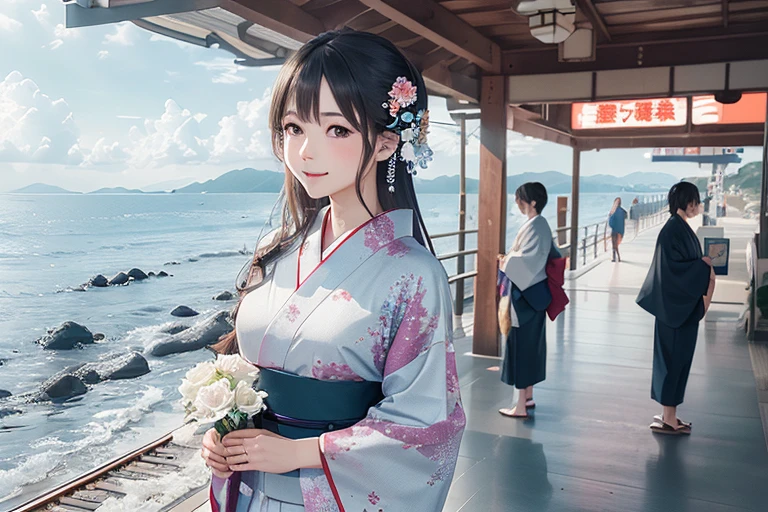 Train platform with ocean view,(Enoshima Electric Railway),((Shichirigahama Station)),Holding a bouquet, With flowers, Wearing a colorful yukata, (Wear a rainbow-colored kimono),One cute girl, (masterpiece, Highest quality, Official Art, Very detailed CG ユニティ 8k 壁紙), Very detailed), japanese related, Eyes on the Flower,(In kimono), A gentle gaze,Happy looking mouth,