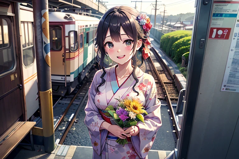 Train platform with ocean view,(Enoshima Electric Railway),((Shichirigahama Station)),Holding a bouquet, With flowers, Wearing a colorful yukata, (Wear a rainbow-colored kimono),One cute girl, (masterpiece, Highest quality, Official Art, Very detailed CG Unity 8k wallpaper), Very detailed), japanese related, Eyes on the Flower,(in kimono), A gentle gaze,Happy looking mouth,