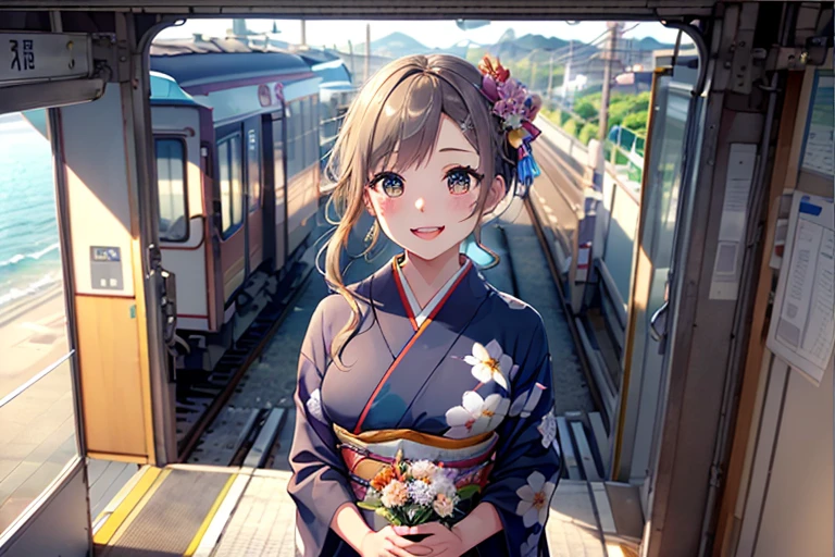 Train platform with ocean view,(Enoshima Electric Railway),((Shichirigahama Station)),Holding a bouquet, With flowers, Wearing a colorful yukata, (Wear a rainbow-colored kimono),One cute girl, (masterpiece, Highest quality, Official Art, Very detailed CG Unity 8k wallpaper), Very detailed), japanese related, Eyes on the Flower,(in kimono), A gentle gaze,Happy looking mouth,