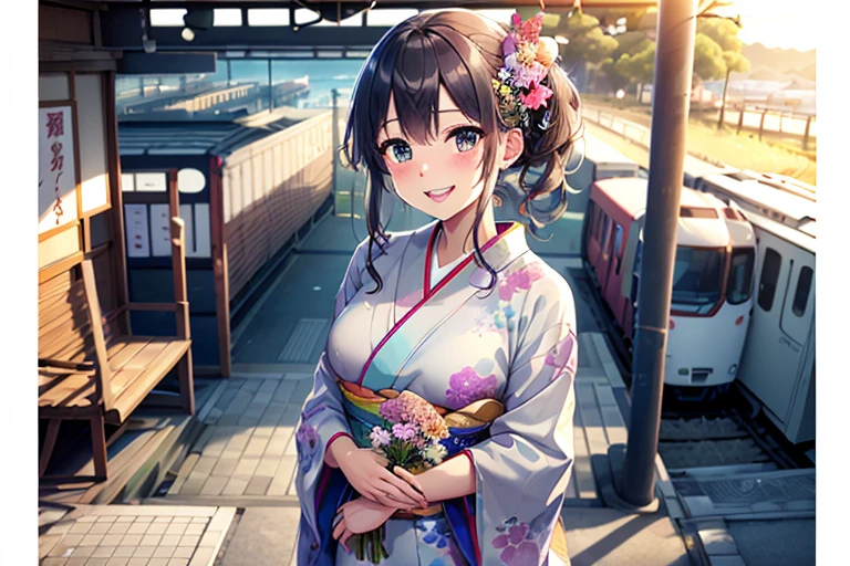 Train platform with ocean view,(Enoshima Electric Railway),((Shichirigahama Station)),Holding a bouquet, With flowers, Wearing a colorful yukata, (Wear a rainbow-colored kimono),One cute girl, (masterpiece, Highest quality, Official Art, Very detailed CG Unity 8k wallpaper), Very detailed), japanese related, Eyes on the Flower,(in kimono), A gentle gaze,Happy looking mouth,