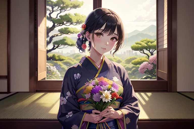 Il y a une femme tenant un bouquet près de la fenêtre., Peintures inspirées de Kaii Higashiyama, ne pas éclabousser, ce que c&#39;est？, Avec des fleurs, Porter un yukata coloré, Portez un kimono aux couleurs de l&#39;arc-en-ciel, Prise de vue avec Canon EOA6D Mark II, photo prise avec sony a7r, japanese related Avec des fleurs, en kimono