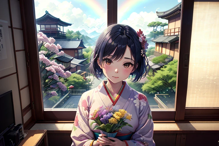 Il y a une femme tenant un bouquet près de la fenêtre., Peintures inspirées de Kaii Higashiyama, ne pas éclabousser, ce que c&#39;est？, Avec des fleurs, Porter un yukata coloré, Portez un kimono aux couleurs de l&#39;arc-en-ciel, Prise de vue avec Canon EOA6D Mark II, photo prise avec sony a7r, japanese related Avec des fleurs, en kimono