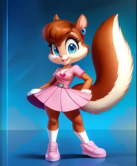 Moira the female squirrel, light blue eyes, pink shirt with a heart, pink skirt, red bow on her ear, full body view, pose, tiny toons style