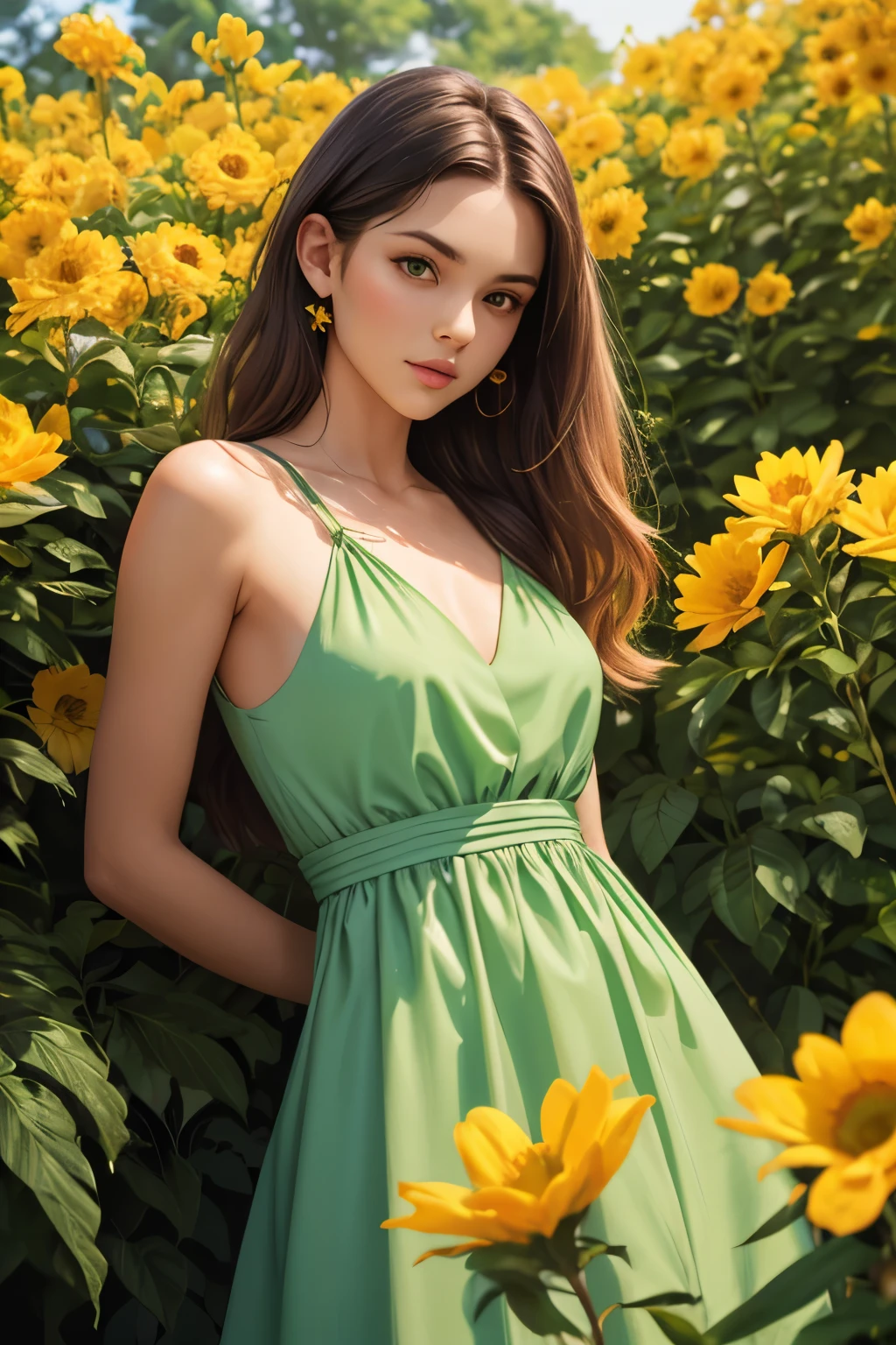 best quality, high resolution, realistic, detailed, a beautiful fashion model, green dress, posing, orange flowers, yellow flowers, Kodak disposable photography, 