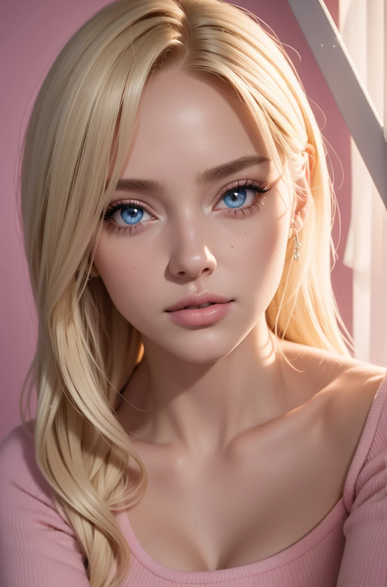 223yo, Skinny blonde girl, young, teen, in her bedroom, (highly detailed background, bedroom), wearing a crop top and jeans, pretty face, pink lips, cute, sweet, innocent, beautiful lighting, alone, shy, highly detailed face, (ultra realistic), realistic skin, makeup, lip filler, big pink bimbo lips, (bimbofication), cleavage, big ass, ((highly detailed face, detailed eyes, eye contact) seducing the camera 