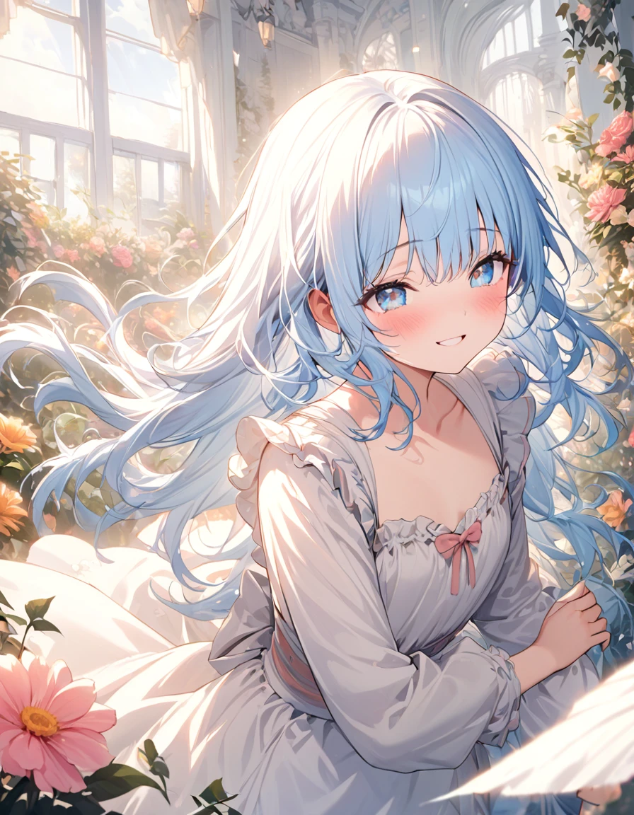 masterpiece, best quality, extremely detailed, (illustration, official art:1.1), 1 girl ,(((( light blue long hair)))), ,(((( light blue long hair)))),light blue hair, , long hair ((blush)) , cute face, big eyes, masterpiece, best quality,(((((a very delicate and beautiful girl))))),Amazing,beautiful detailed eyes,blunt bangs((((little delicate girl)))),tareme(true beautiful:1.2), sense of depth,dynamic angle,,,, affectionate smile, (true beautiful:1.2),,(tiny 1girl model:1.2),)(flat chest),exquisitedetails, Highest quality 8K resolution, Ultra-detailed, Realistic, Vibrant colors, Soft tones, With warm and gentle lighting,,(Deep Blue Eyes:1.3),Garden Girl,Smiling with tears in her eyes,With an overflowing soft and gentle feeling, Multiple Corner Turns,Visible emotions and specific emotions, I want to believe, Use illustrations,Long-haired beautiful girl fluttering in the wind,The promenade is full of flowers, Create colorful reflections.The sun's rays illuminate joy and pure love, Cast a warm golden glow on the girl's face. Their love is like a blessing from God, Free yourself from the hassles of this world. The atmosphere is full of happiness and laughter, It's like heaven、As if in praise of love. The artwork is、Create a combination of digital illustrations and photos, Sticking to ultra-detailed depictions and vivid colors. In a style that blends romanticism and realism、You can feel the depth of love. The color palette consists of soft pastel tones, Create an ethereal atmosphere like a dream. and the lighting is soft and diffused, Cast a gentle light on the face,、The warmth of the hug increases. The artwork is a masterpiece, Meticulously crafted to capture the essence of an unbreakable bond.head shot
