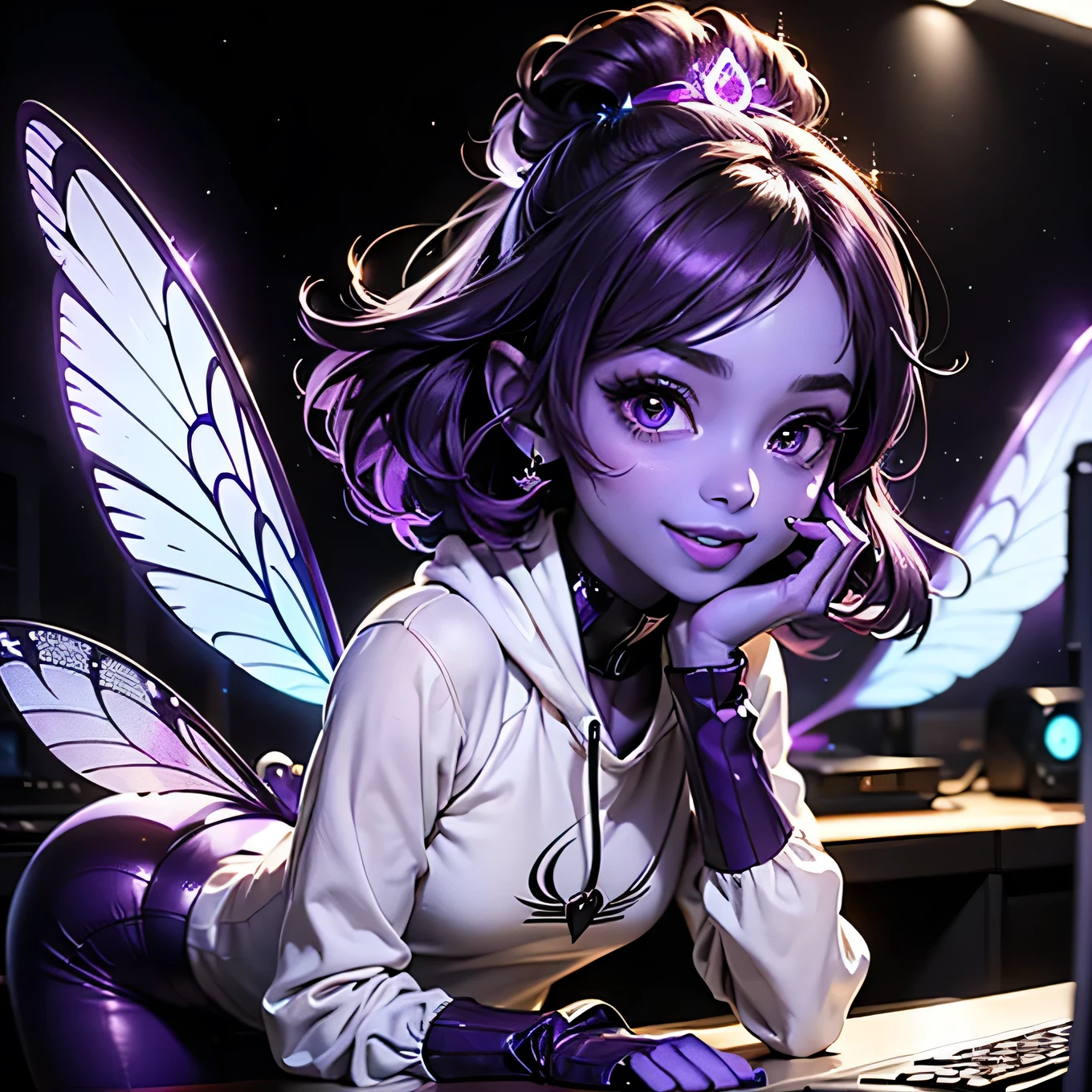 Futuristic, (Purple flawless skin:1.5), Beautiful tiny female fairy creature with Large, expressive eyes, short wavy sparkly purple hair and a happy smile. A , slim, fit, agile body with luminescence, tiny translucent wings. Perched on top of an (ultra futuristic computer) wearing a tight silky sweatshirt. 