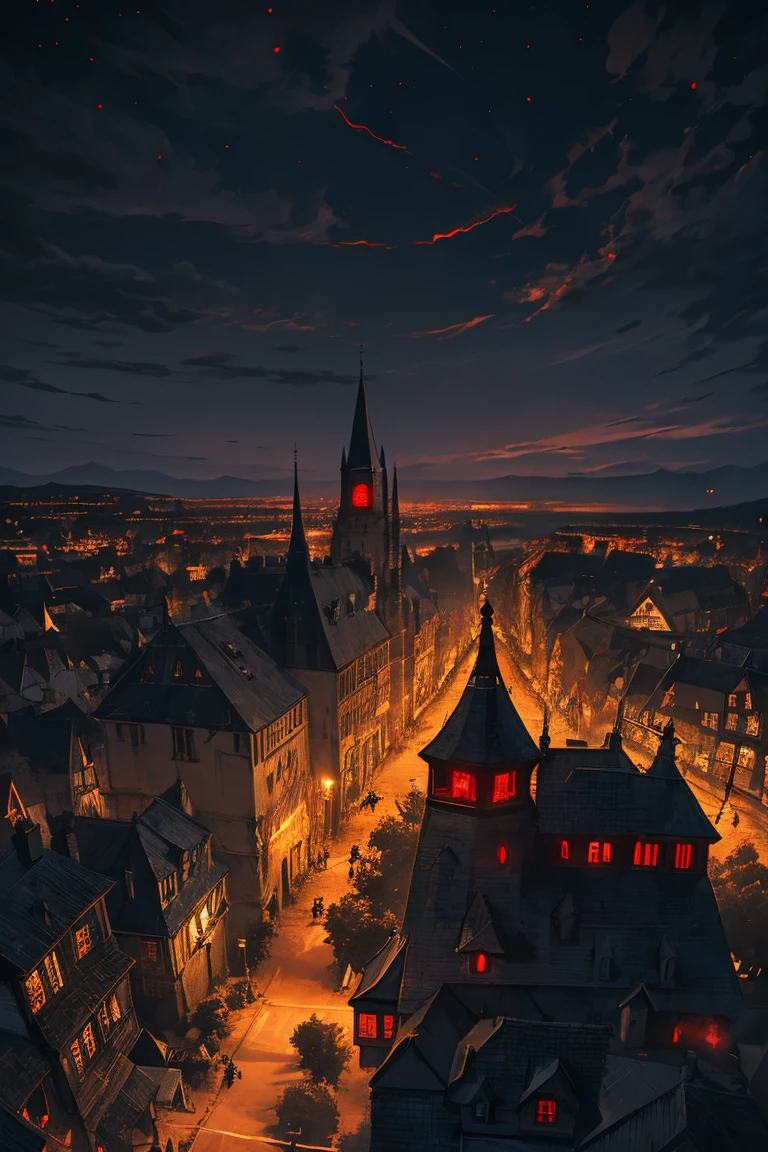 old European village shot with bird view, (Red glowing eyes), masterpiece, Depth of written boundary, Lutz, Gwaites style artwork, Gothic aesthetics, Dark Vampire village, ((in the dark gothic style cathle:1)), ((dark mid-night time:1.5)),