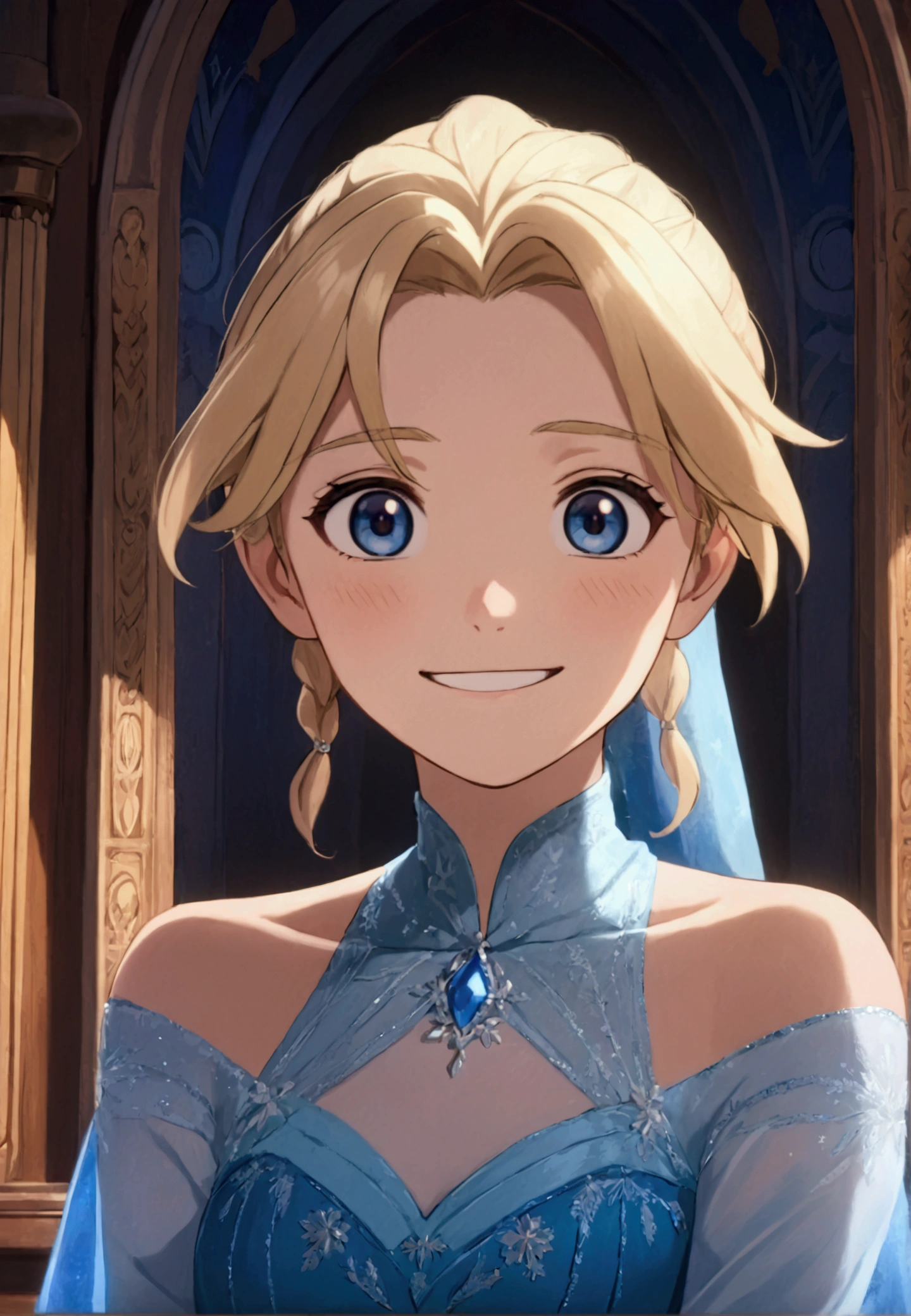 ((work of art)), (best quality), ((1 male)),((link wearing a (dress, bare shoulders, blue dress, blue cape, long sleeves, frozen \(disney\), anime screencap), gazing at viewer, ( Short blonde hair, blue eyes), happy, smile,  