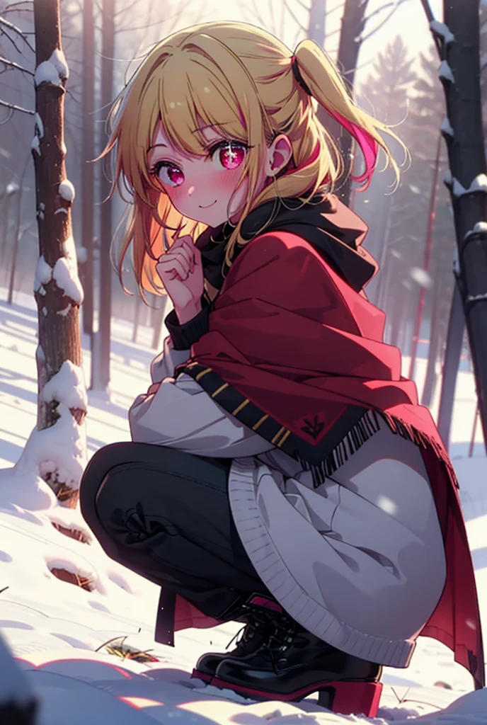 rubyhoshino, Hoshino Ruby, Long Hair, bangs, blonde, (Pink Eyes:1.3), Side Lock, (Symbol-shaped pupil:1.5), Multicolored Hair, Two-tone hair, smile,,smile,blush,white breath,
Open your mouth,snow,Ground bonfire, Outdoor, boots, snowing, From the side, wood, suitcase, Cape, Blurred, , forest, White handbag, nature,  Squat, Mouth closed, Cape, winter, Written boundary depth, Black shoes, red Cape break looking at viewer, Upper Body, whole body, break Outdoor, forest, nature, break (masterpiece:1.2), Highest quality, High resolution, unity 8k wallpaper, (shape:0.8), (Beautiful and beautiful eyes:1.6), Highly detailed face, Perfect lighting, Highly detailed CG, (Perfect hands, Perfect Anatomy),