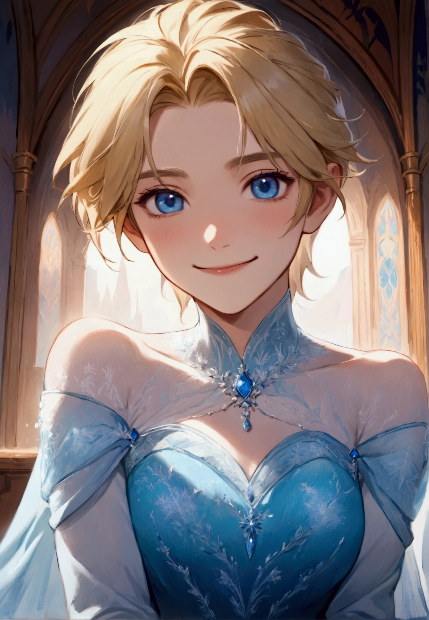 ((work of art)), (best quality), ((1 male)),((link wearing a (elsa's dress, bare shoulders, blue dress, blue cape, long sleeves, frozen\(disney)\), gazing at viewer, ( Short blonde hair, blue eyes), happy, smile,  