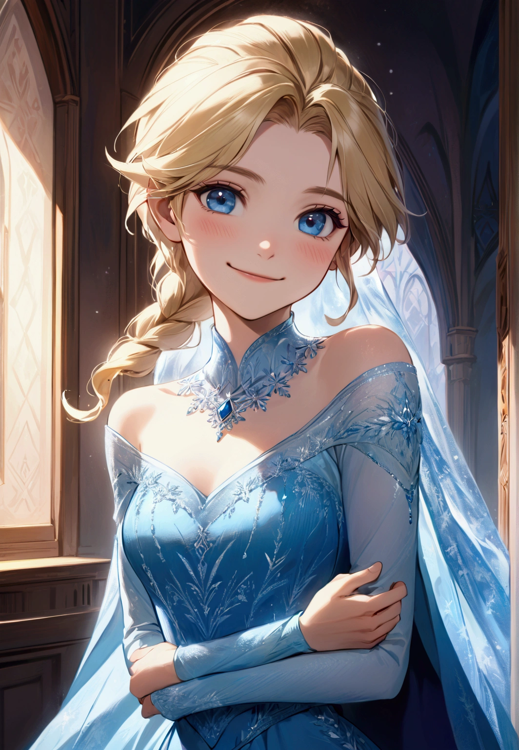 ((work of art)), (best quality), ((1 male)),((link wearing a (elsa's dress, bare shoulders, blue dress, blue cape, long sleeves, frozen\(disney)\), gazing at viewer, ( Short blonde hair, blue eyes), happy, smile,  