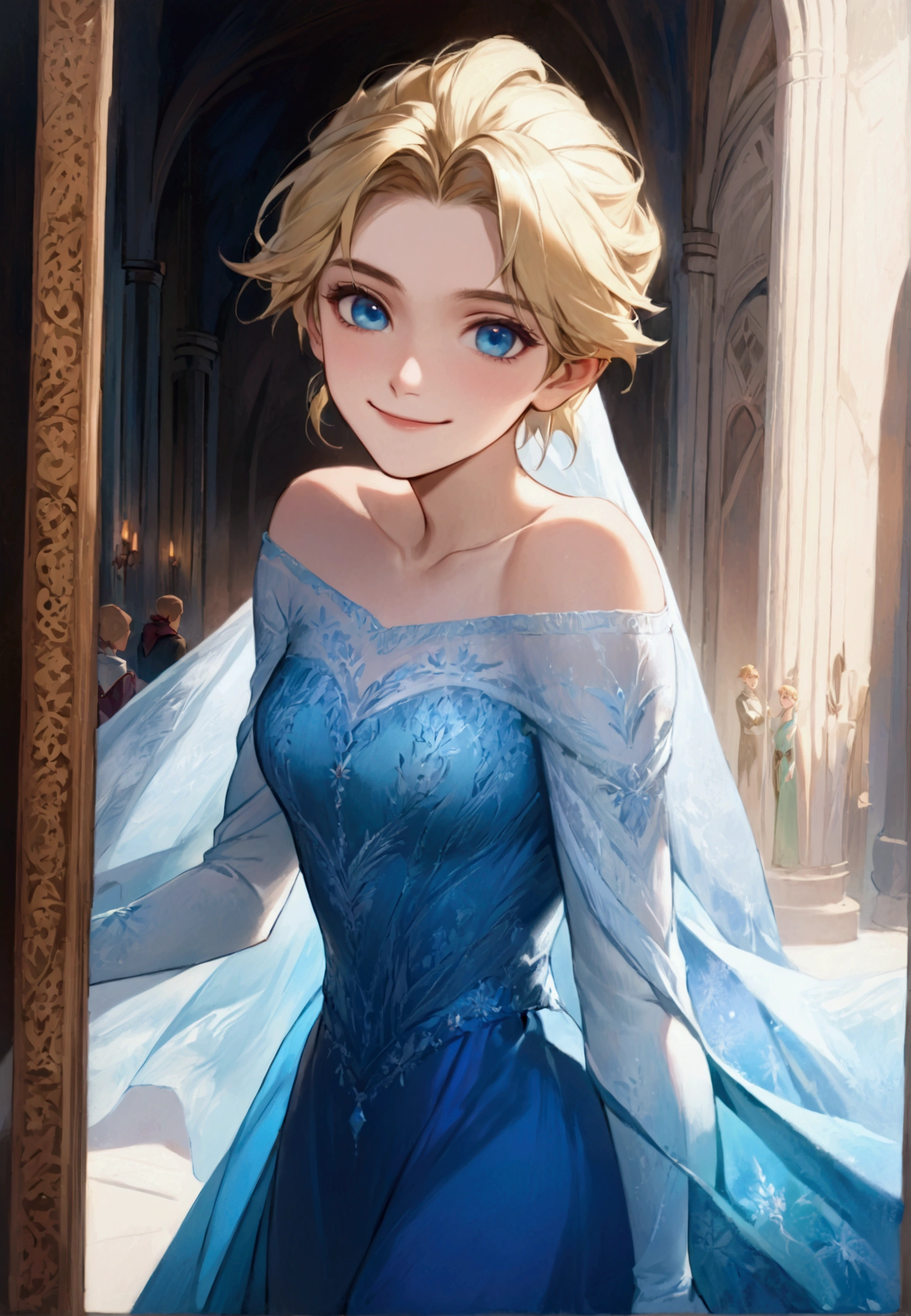 ((work of art)), (best quality), ((1 male)),((link wearing a (elsa's long dress, bare shoulders, blue dress, blue cape, long sleeves, frozen from disney), gazing at viewer, ( Short blonde hair, blue eyes), happy, smile,  