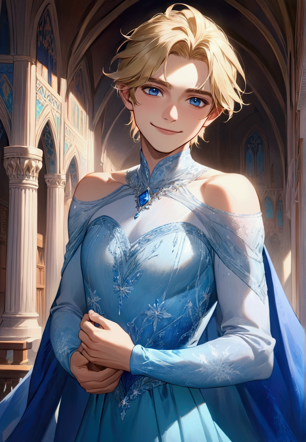 ((work of art)), (best quality), ((1 male)),((link wearing a (elsa's long dress, bare shoulders, blue dress, blue cape, long sleeves, frozen from disney), gazing at viewer, ( Short blonde hair, blue eyes), happy, smile,  