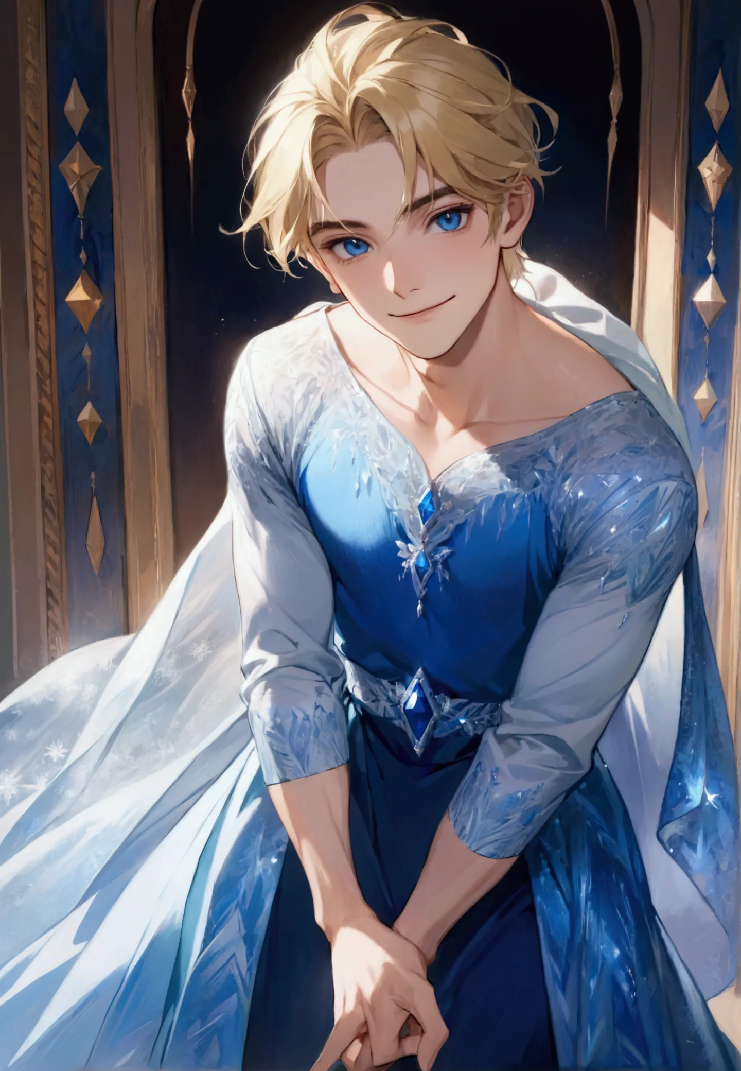 ((work of art)), (best quality), ((1 male)),((link wearing a (long dress, collarbone, blue dress, blue cape, long sleeves, cryst...
