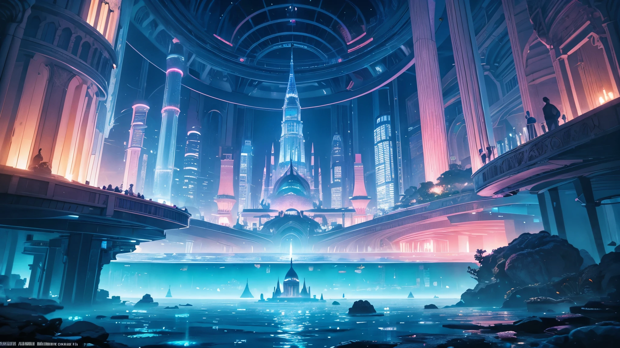 A fantastical and serene deep-sea city. Viewed from the ocean floor looking up towards the water surface. The city is very large with futuristic buildings, domes, and spires. Completely submerged in clear blue and pink water. The entire city is covered by a large dome-shaped glass structure. The scene has a tranquil and calming atmosphere. Soft glowing lights illuminate the city. The water surface above glitters with sunlight, creating beautiful patterns. The city emits a quiet, artificial light. Surrounded by vibrant marine life and coral formations. The water is deeper, adding to the mysterious and serene feeling. The image is high-resolution, realistic, and in 4K. Capturing the enchanting beauty of the underwater city.